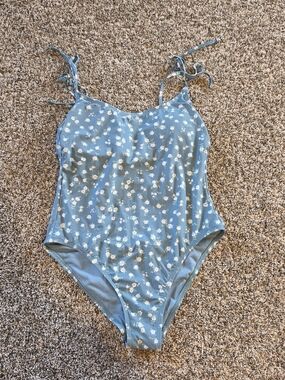 Blue Floral One-Piece Swimsuit with Tie Straps Large